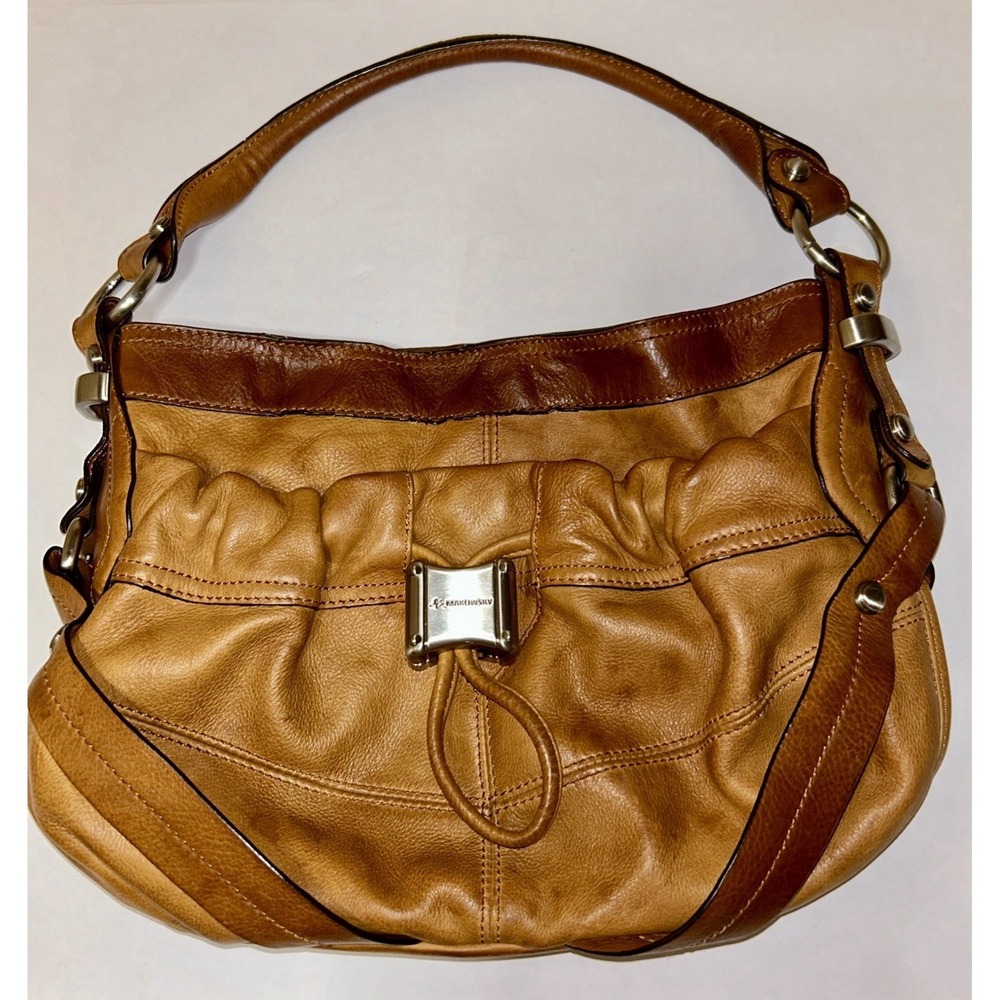 B. Makowsky Brown/Tan Leather Hobo Drawstring Shoulder Bag EUC